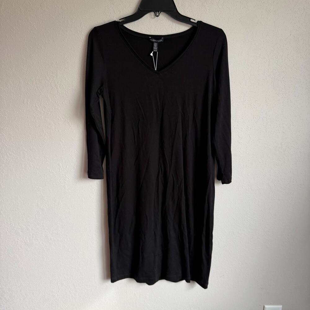 NWT Eileen Fisher Fine Tencel Jersey Black V-Neck Shift Dress Womens XS Classic